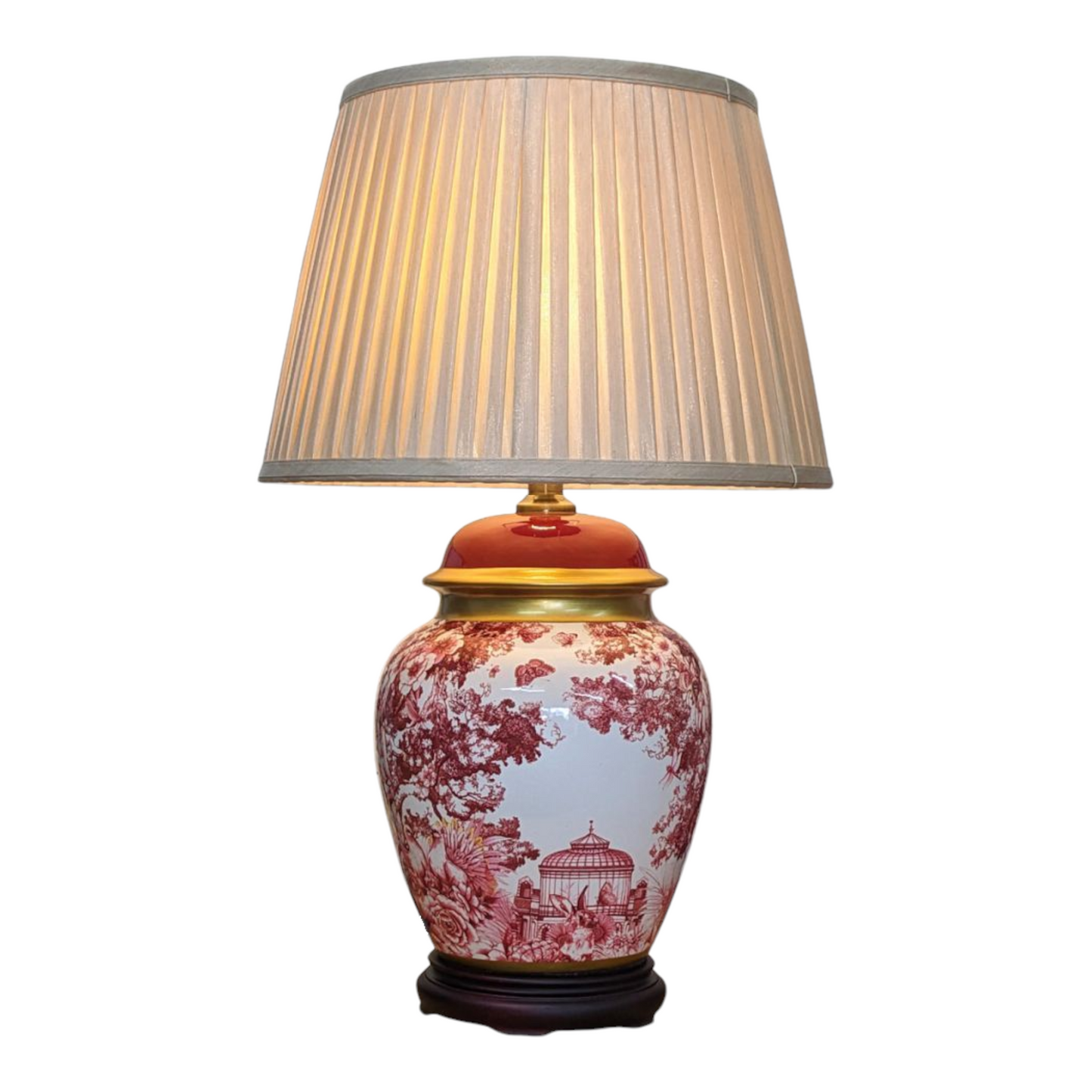Pair of Chinese Table Lamps with Shades - Red - Exotic Wildlife Pattern - 56cm