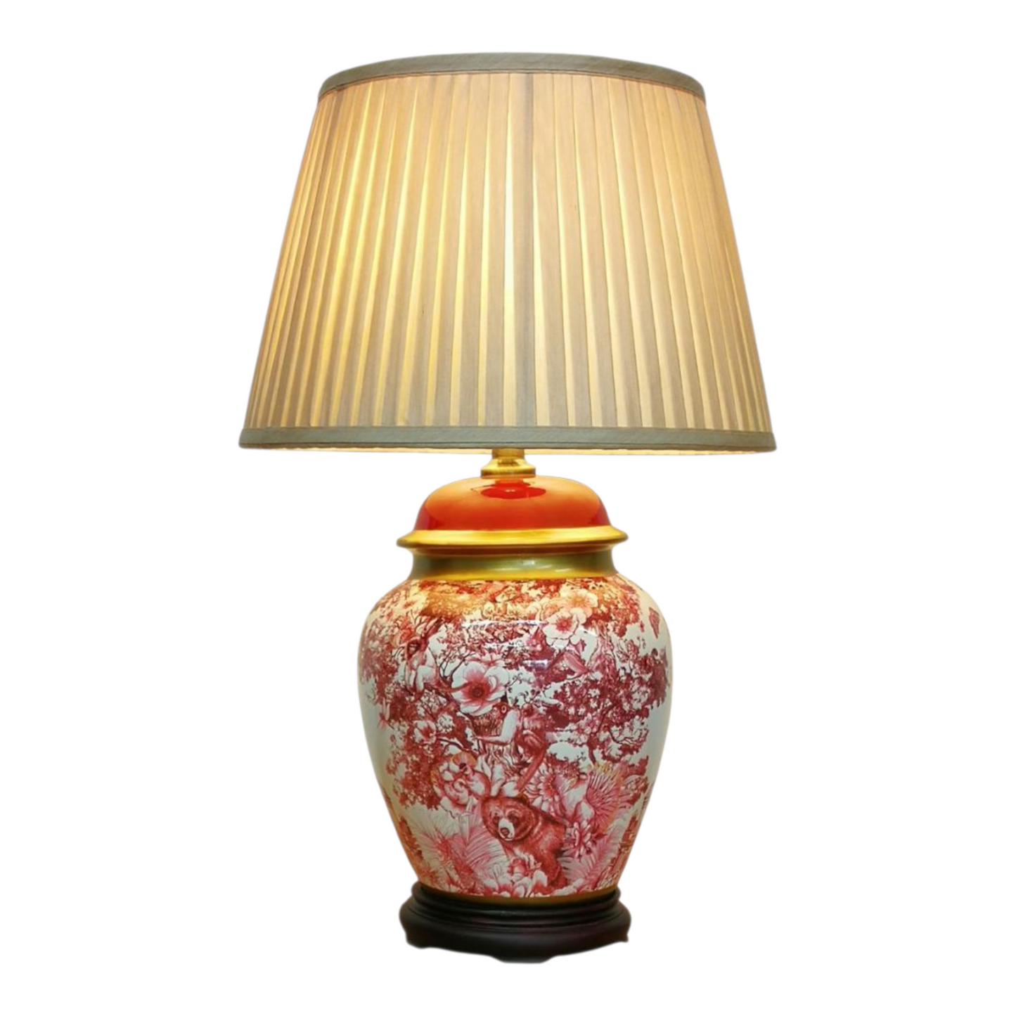 Pair of Chinese Table Lamps with Shades - Red - Exotic Wildlife Pattern - 56cm