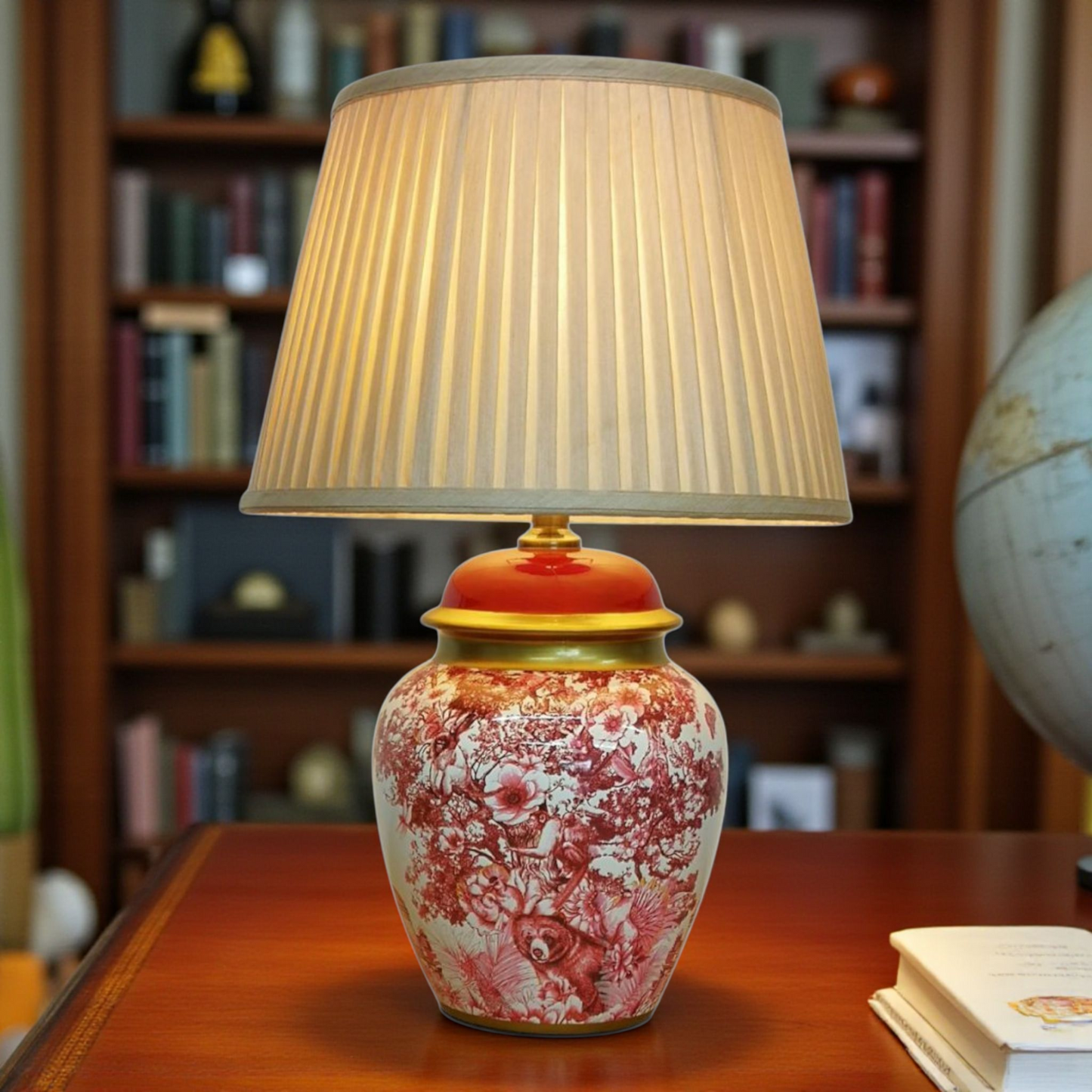 Pair of Chinese Table Lamps with Shades - Red - Exotic Wildlife Pattern - 56cm
