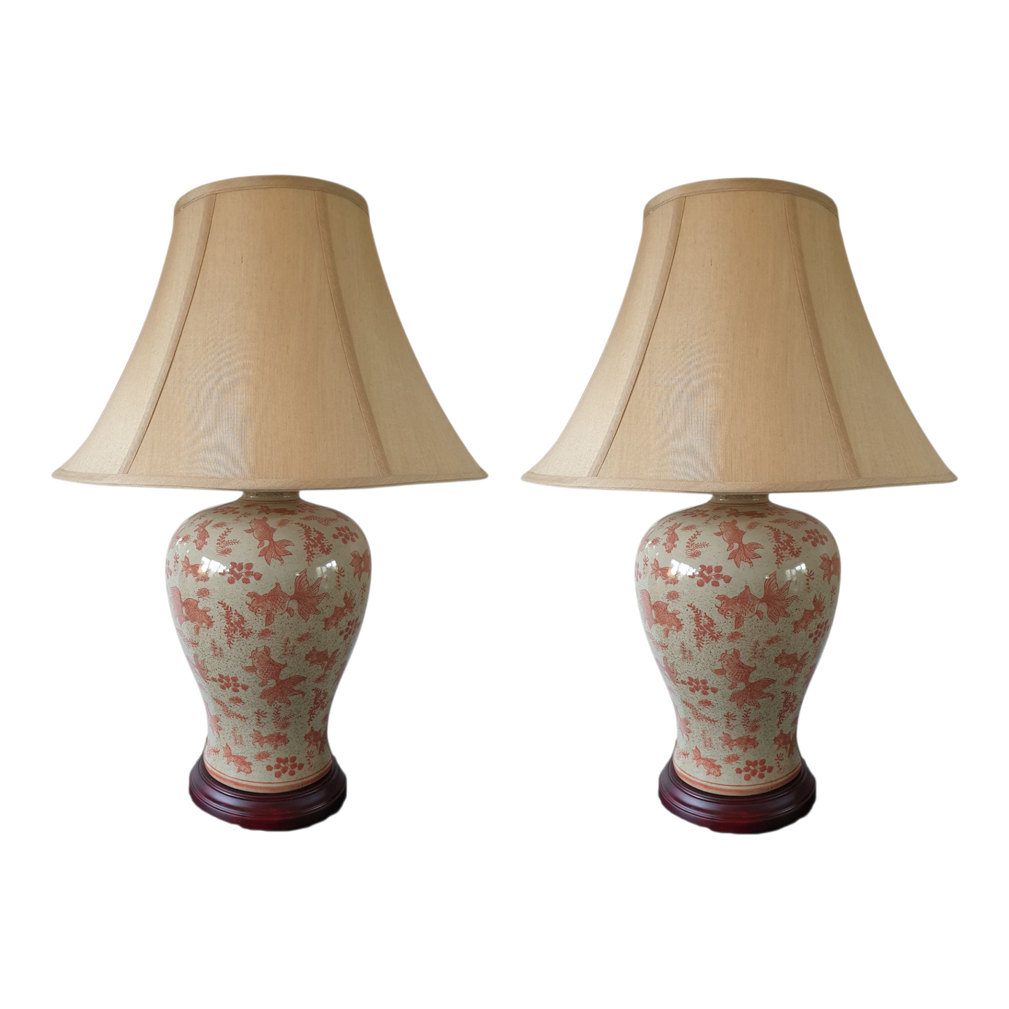 Pair of Chinese Vase Shaped Table Lamps with Shades - Goldfish Pattern - 66cm
