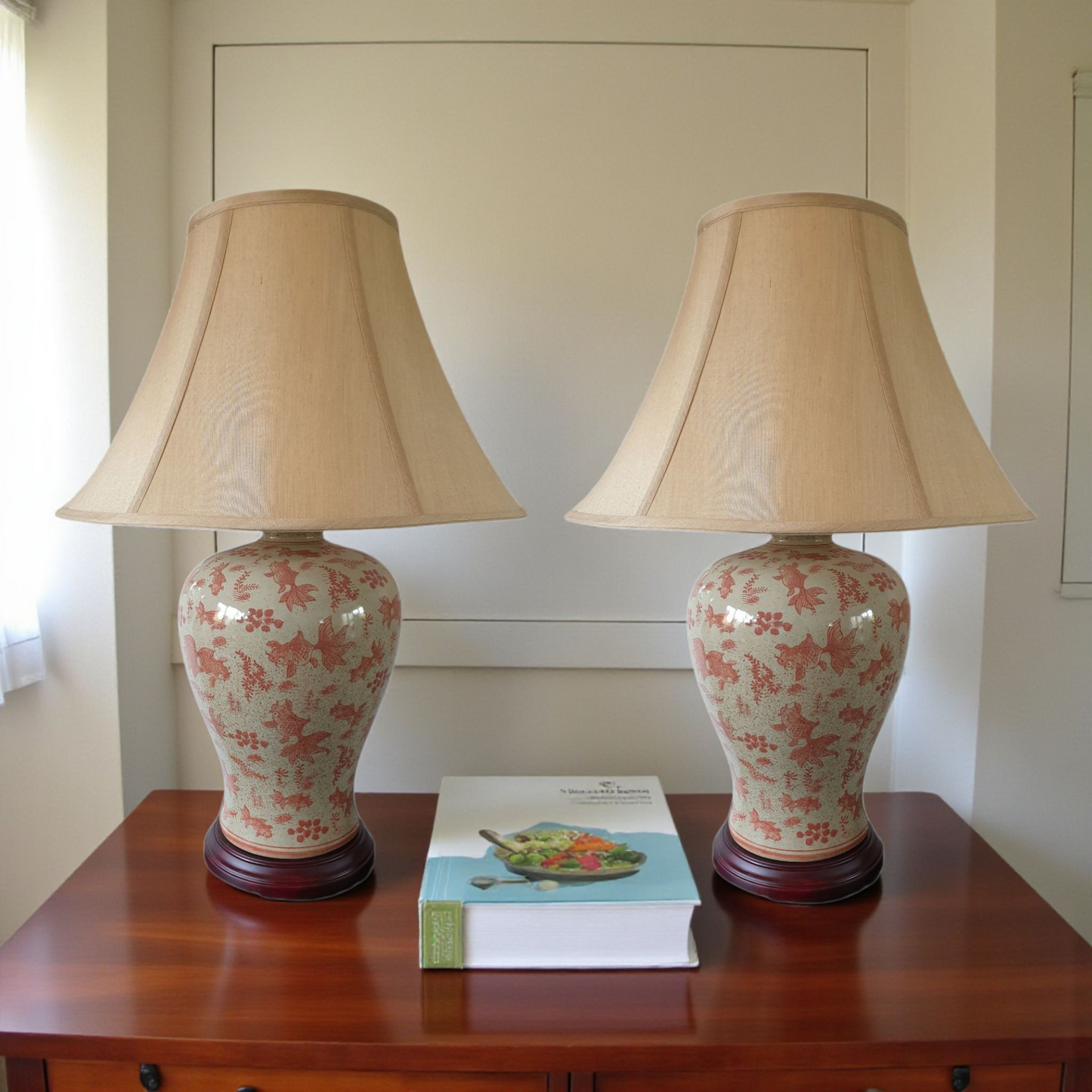 Pair of Chinese Vase Shaped Table Lamps with Shades - Goldfish Pattern - 66cm