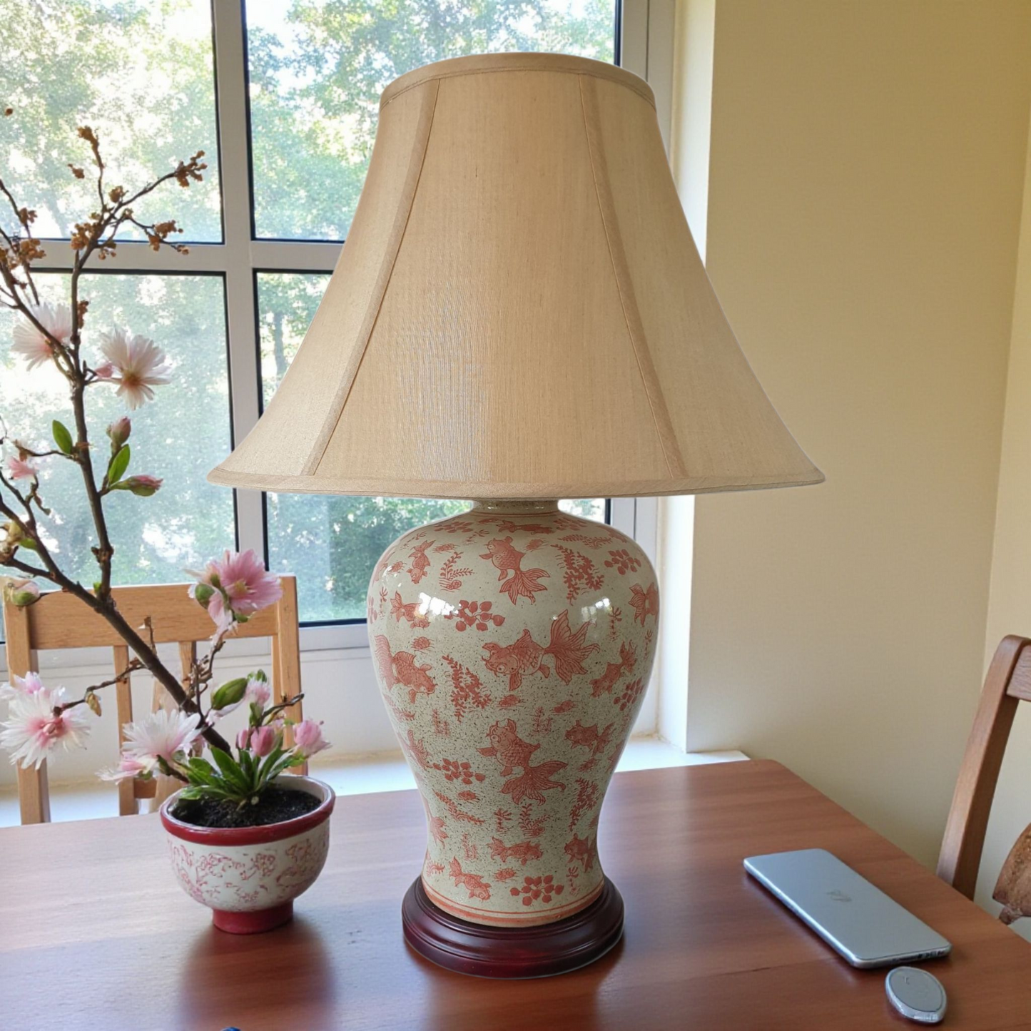 Pair of Chinese Vase Shaped Table Lamps with Shades - Goldfish Pattern - 66cm