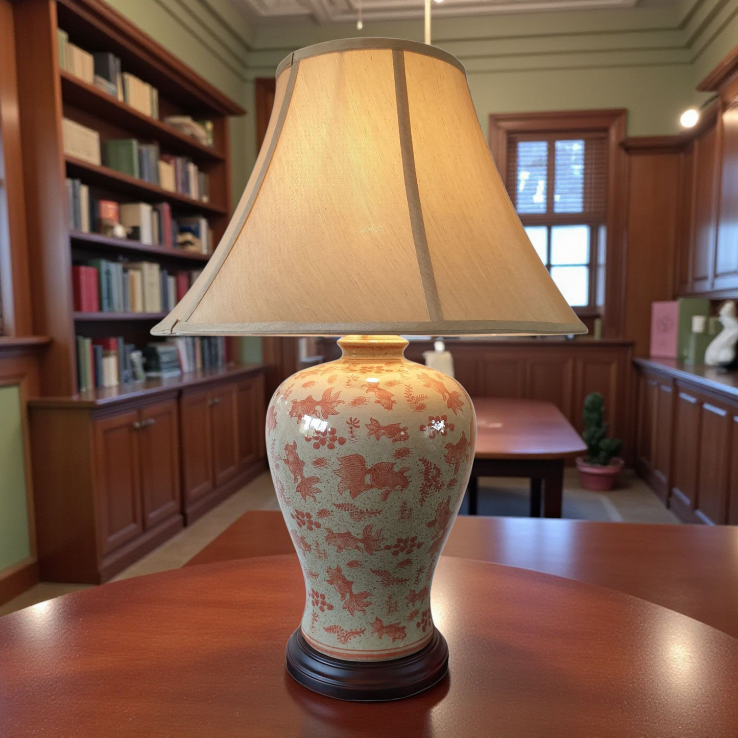 Pair of Chinese Vase Shaped Table Lamps with Shades - Goldfish Pattern - 66cm