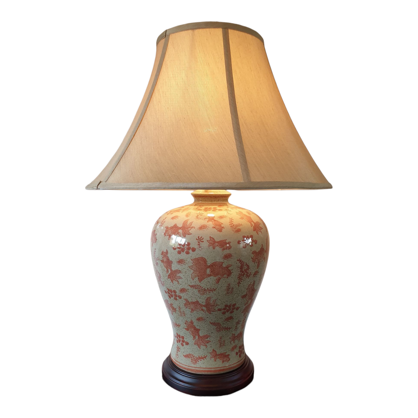 Pair of Chinese Vase Shaped Table Lamps with Shades - Goldfish Pattern - 66cm