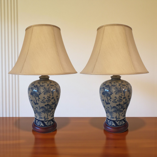 Pair of Chinese Vase Table Lamps with Shade - Blue Hibiscus Pattern - 66cm