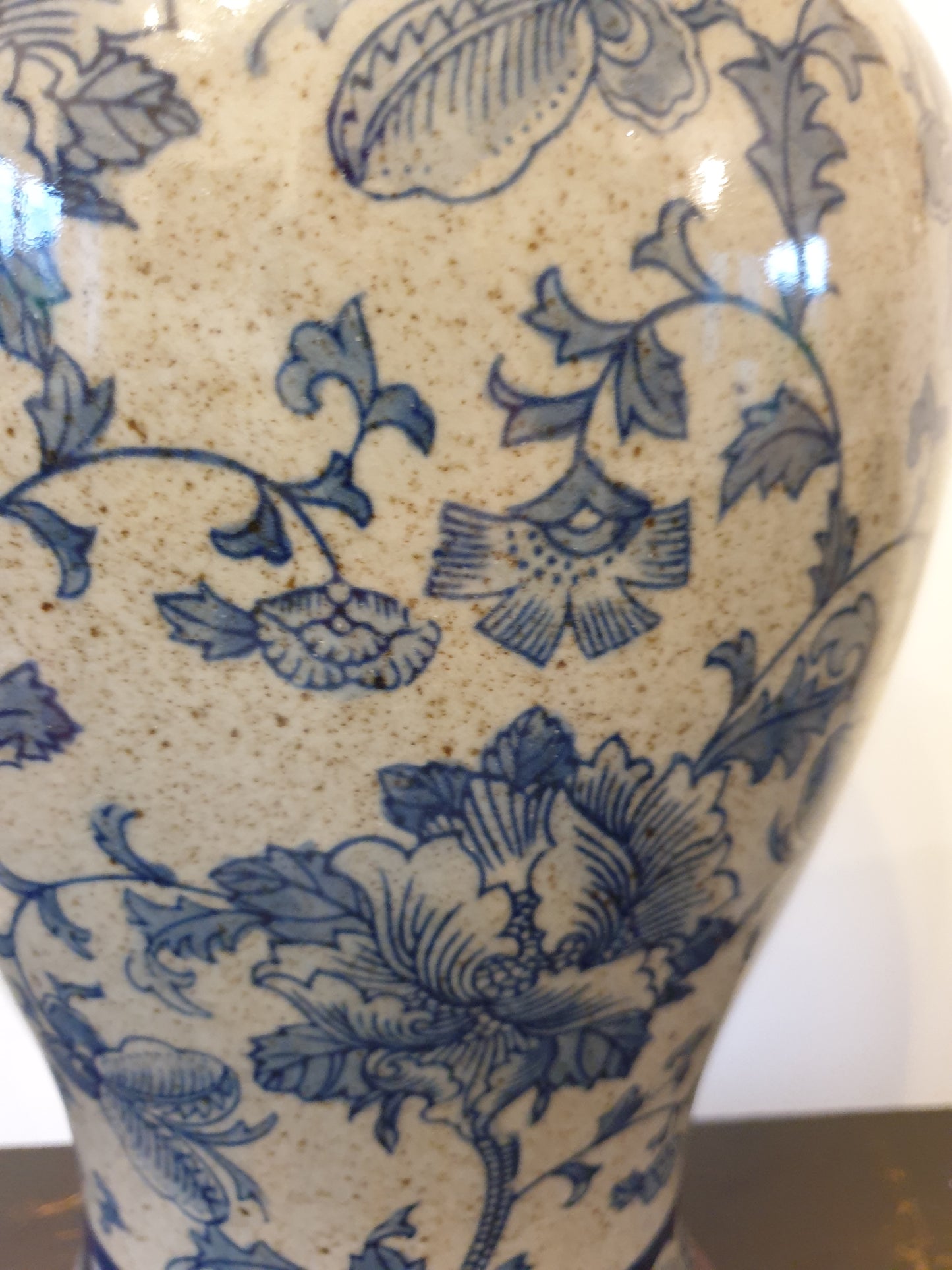 Pair of Chinese Vase Table Lamps with Shade - Blue Hibiscus Pattern - 66cm