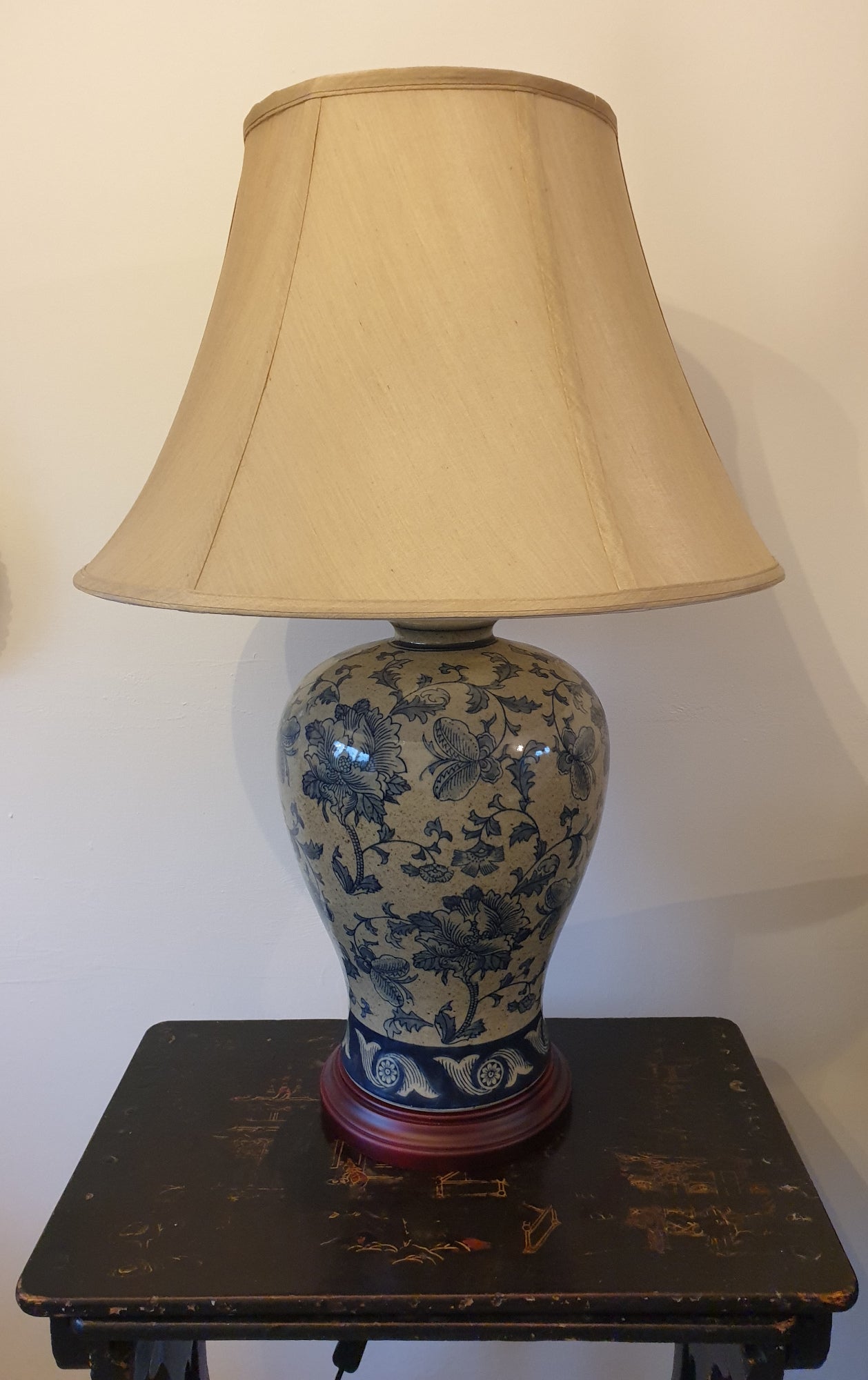 Pair of Chinese Vase Table Lamps with Shade - Blue Hibiscus Pattern - 66cm