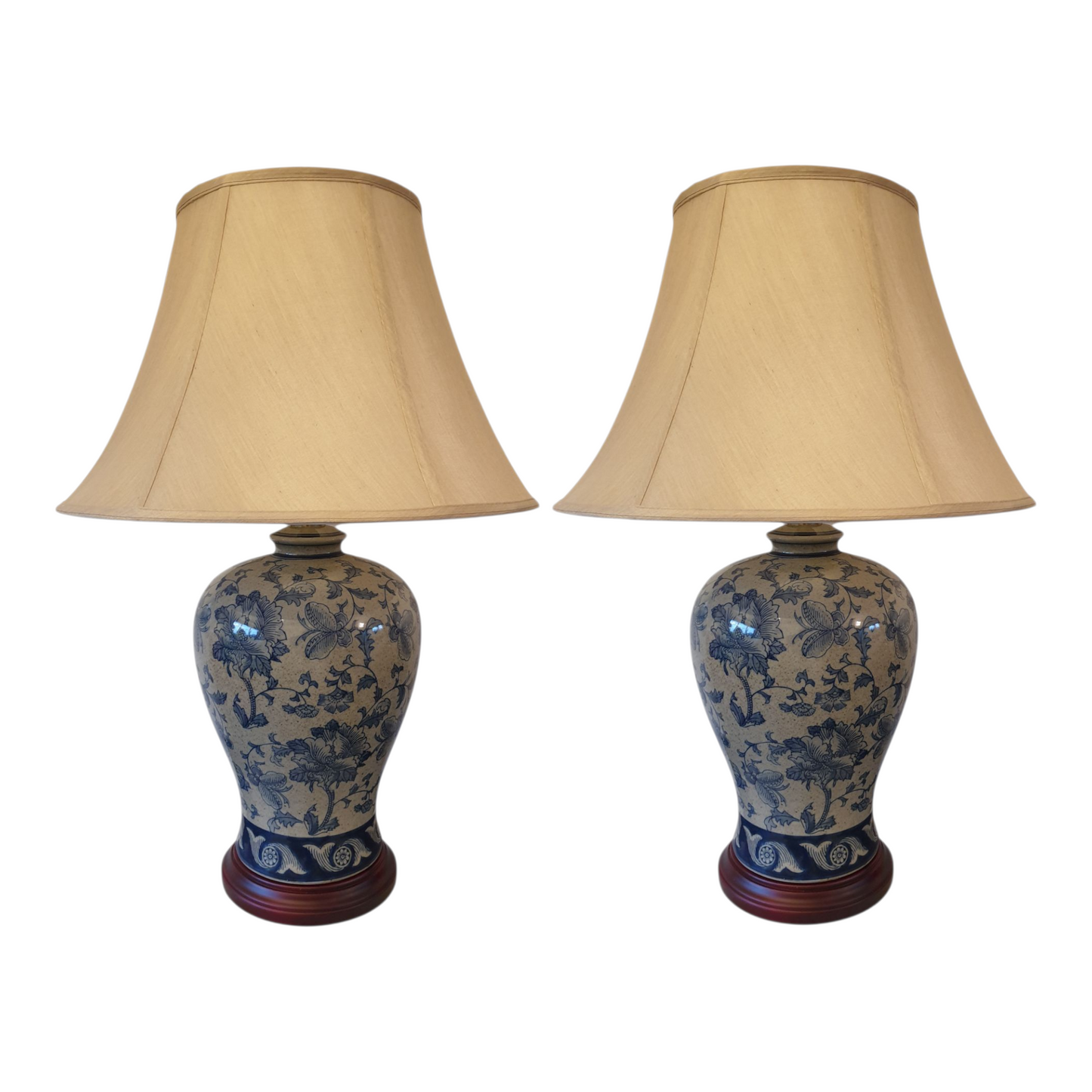 Pair of Chinese Vase Table Lamps with Shade - Blue Hibiscus Pattern - 66cm
