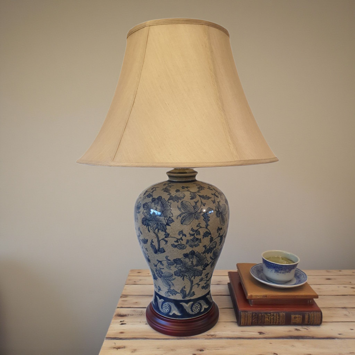 Pair of Chinese Vase Table Lamps with Shade - Blue Hibiscus Pattern - 66cm