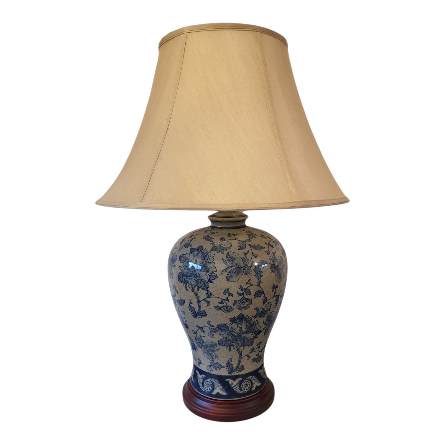 Pair of Chinese Vase Table Lamps with Shade - Blue Hibiscus Pattern - 66cm