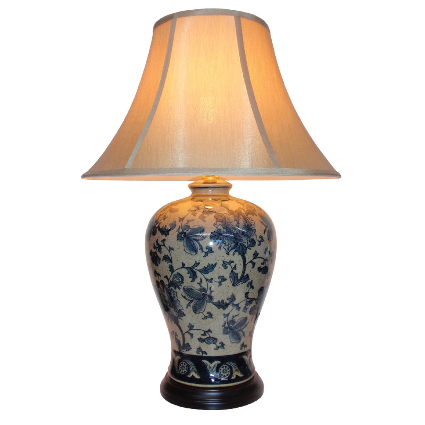 Pair of Chinese Vase Table Lamps with Shade - Blue Hibiscus Pattern - 66cm
