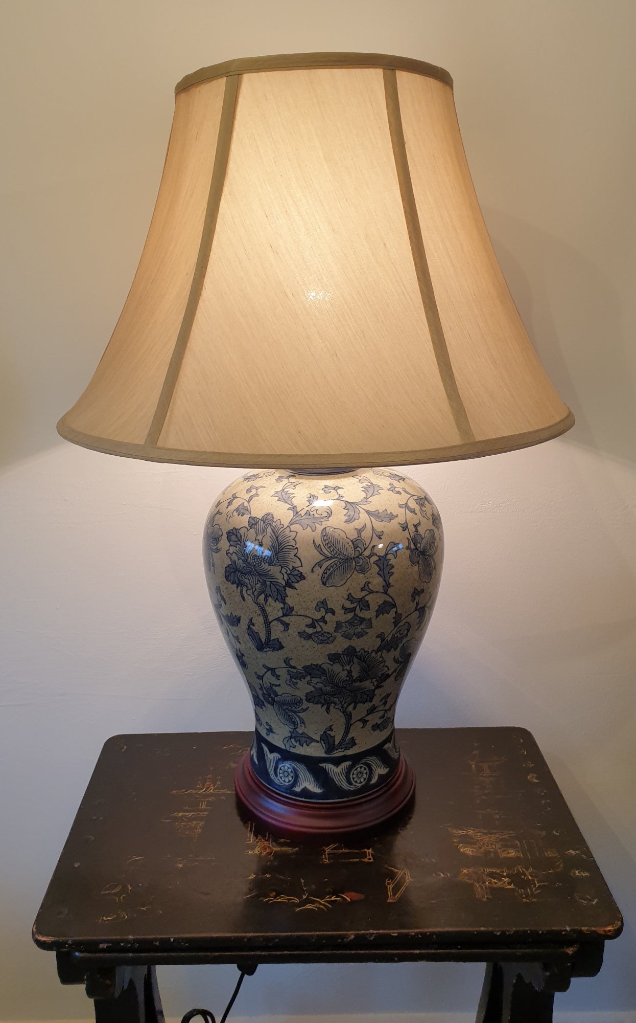 Pair of Chinese Vase Table Lamps with Shade - Blue Hibiscus Pattern - 66cm