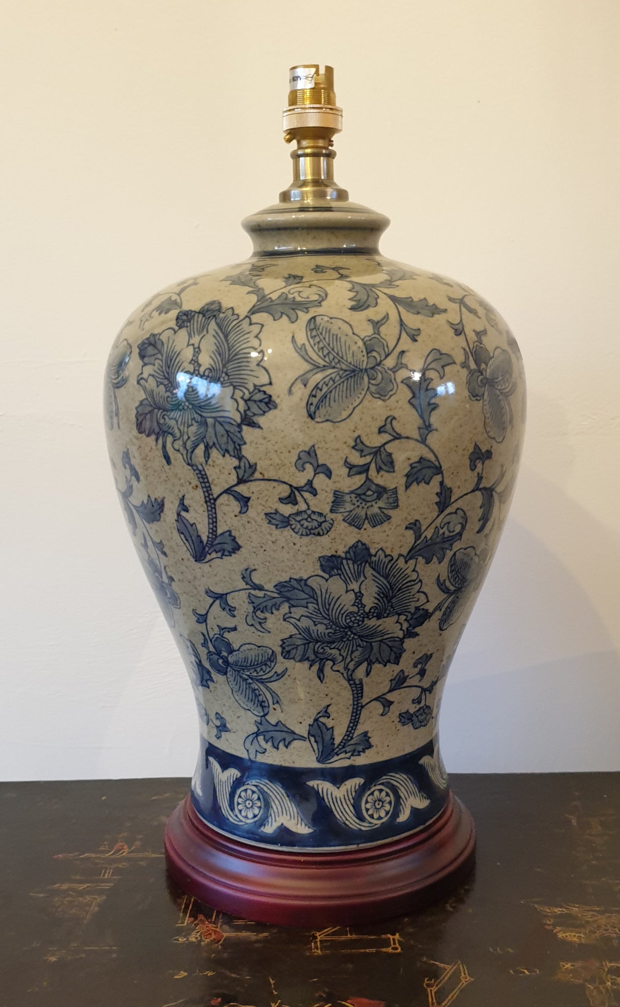 Pair of Chinese Vase Table Lamps with Shade - Blue Hibiscus Pattern - 66cm