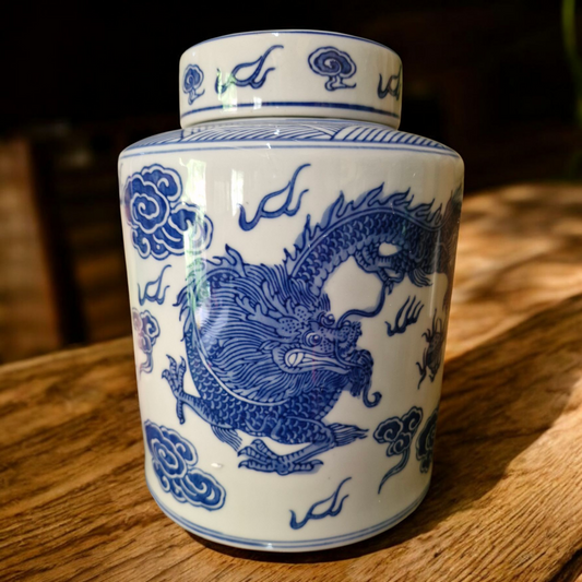 Tea Caddy / Storage Jar - Chinese Blue Dragon Pattern - 20cm Tall with Lid