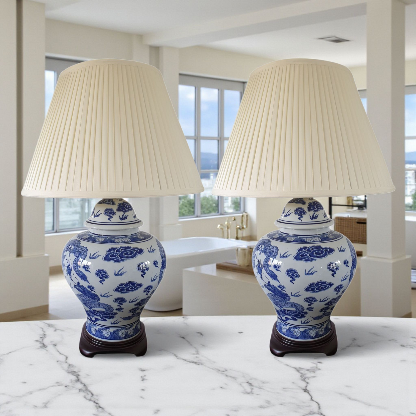 Pair of Chinese  Jar Table Lamps with Shades - Blue and White Dragons 69cm