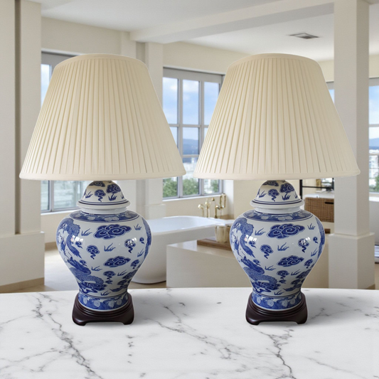 Pair of Chinese  Jar Table Lamps with Shades - Blue and White Dragons 69cm