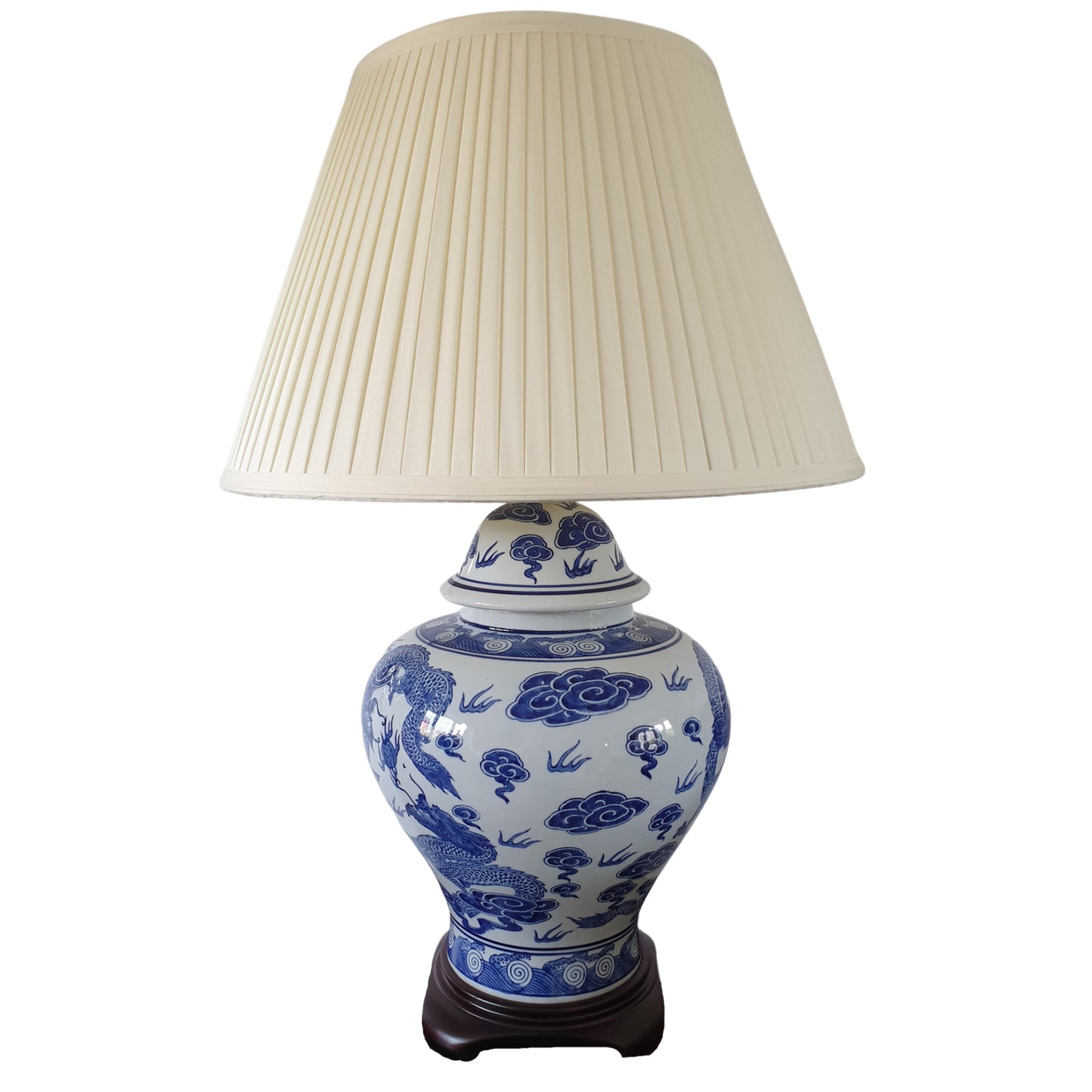 Pair of Chinese  Jar Table Lamps with Shades - Blue and White Dragons 69cm