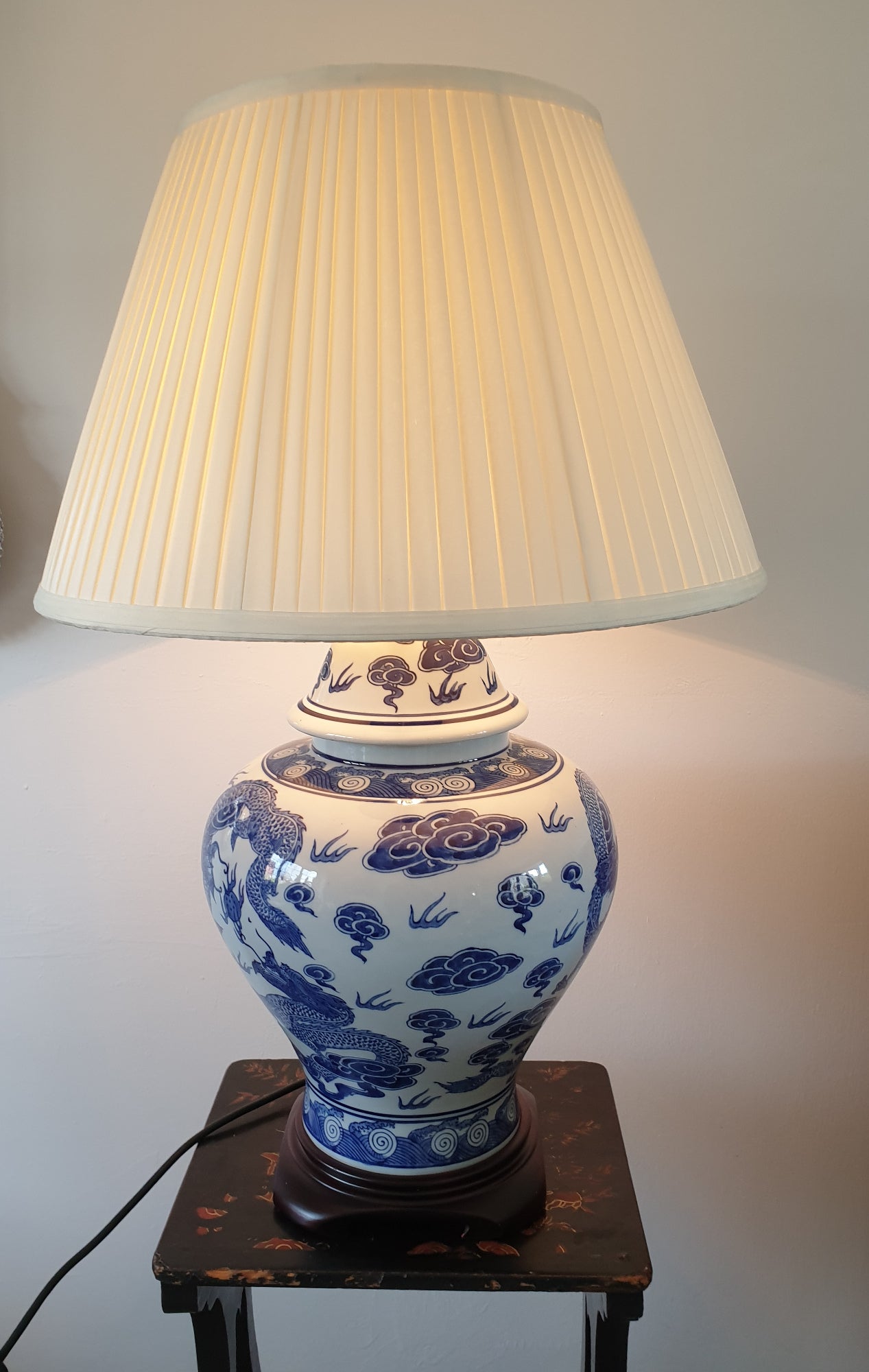 Pair of Chinese  Jar Table Lamps with Shades - Blue and White Dragons 69cm