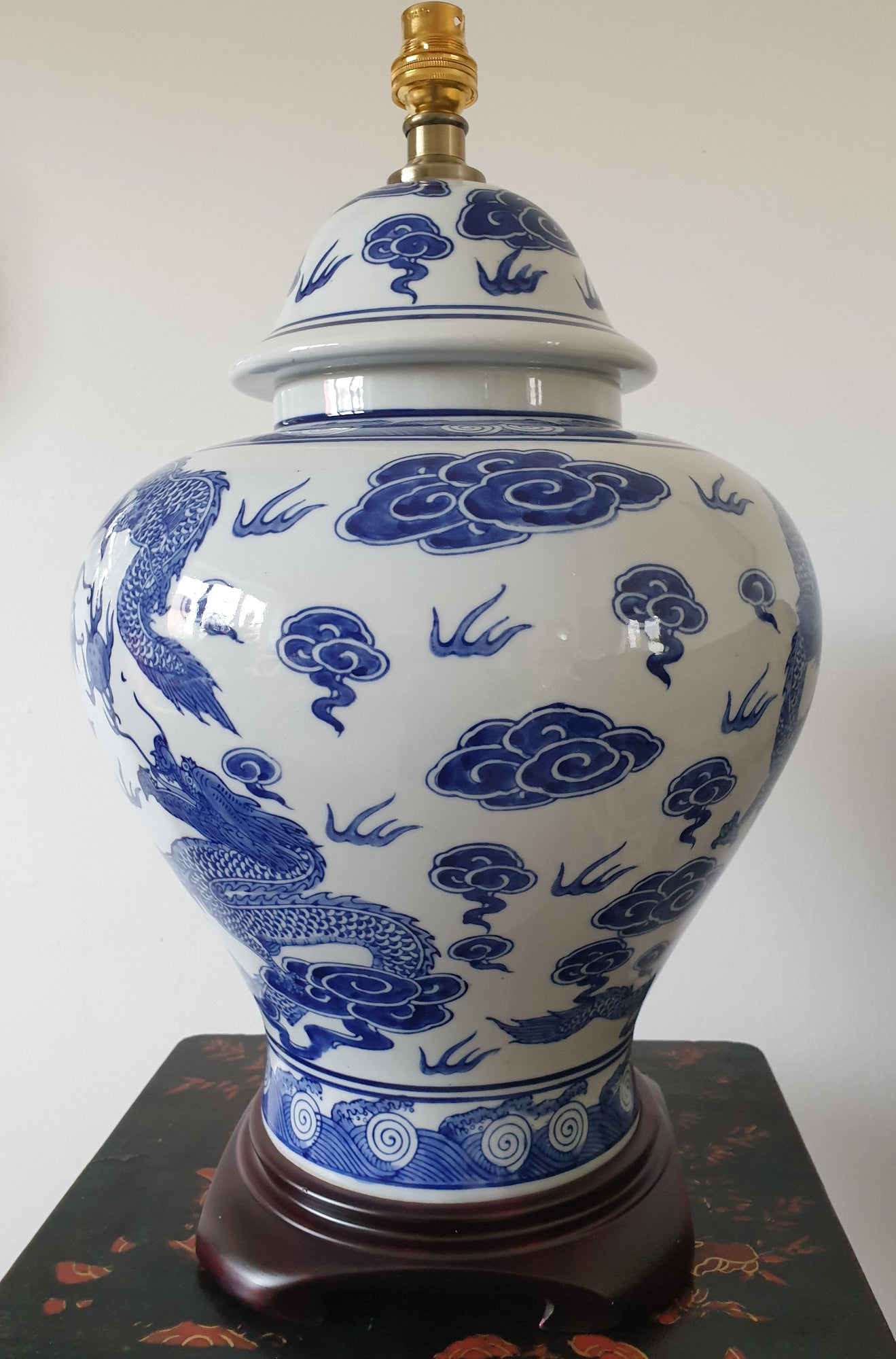 Pair of Chinese  Jar Table Lamps with Shades - Blue and White Dragons 69cm