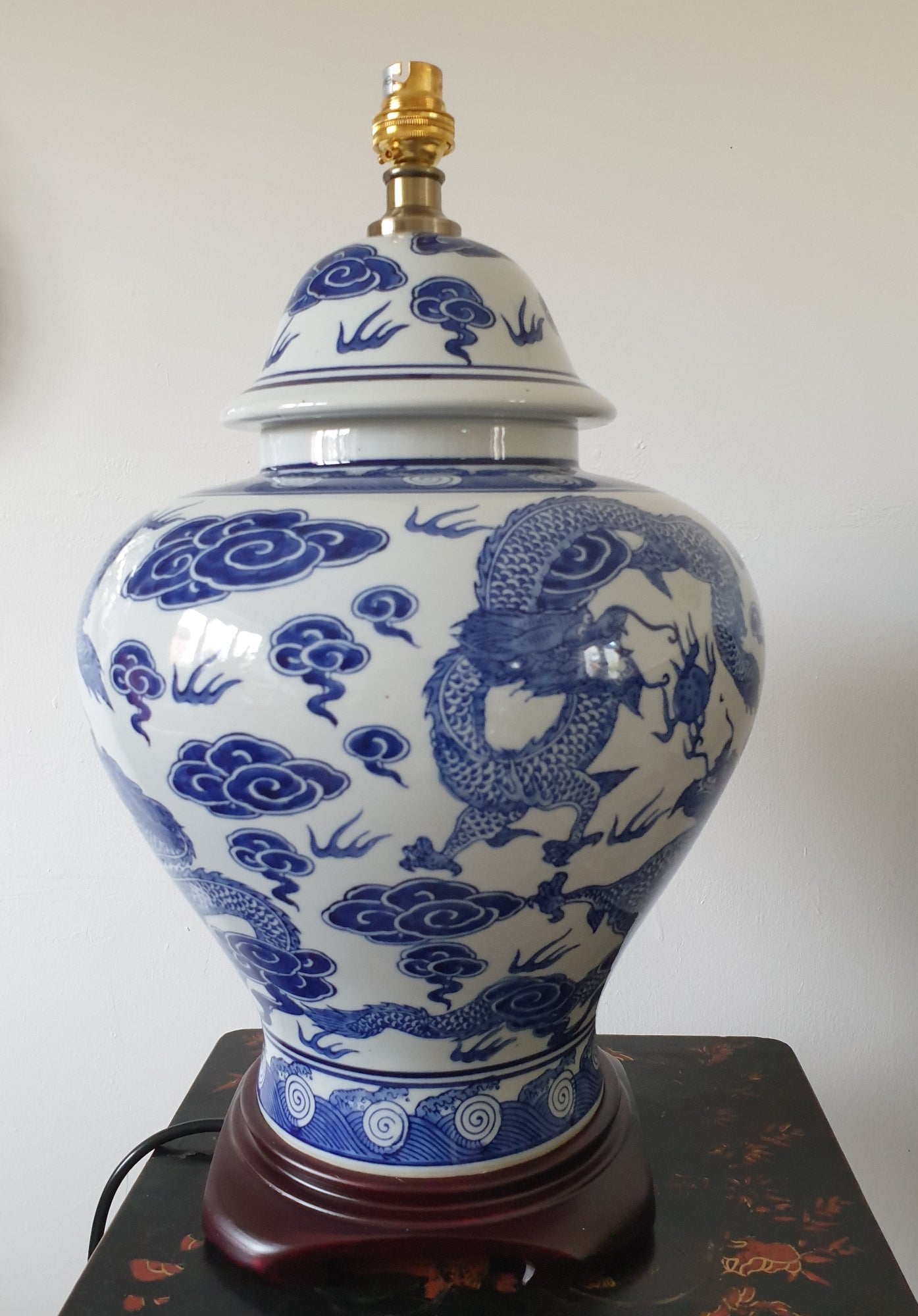 Pair of Chinese  Jar Table Lamps with Shades - Blue and White Dragons 69cm