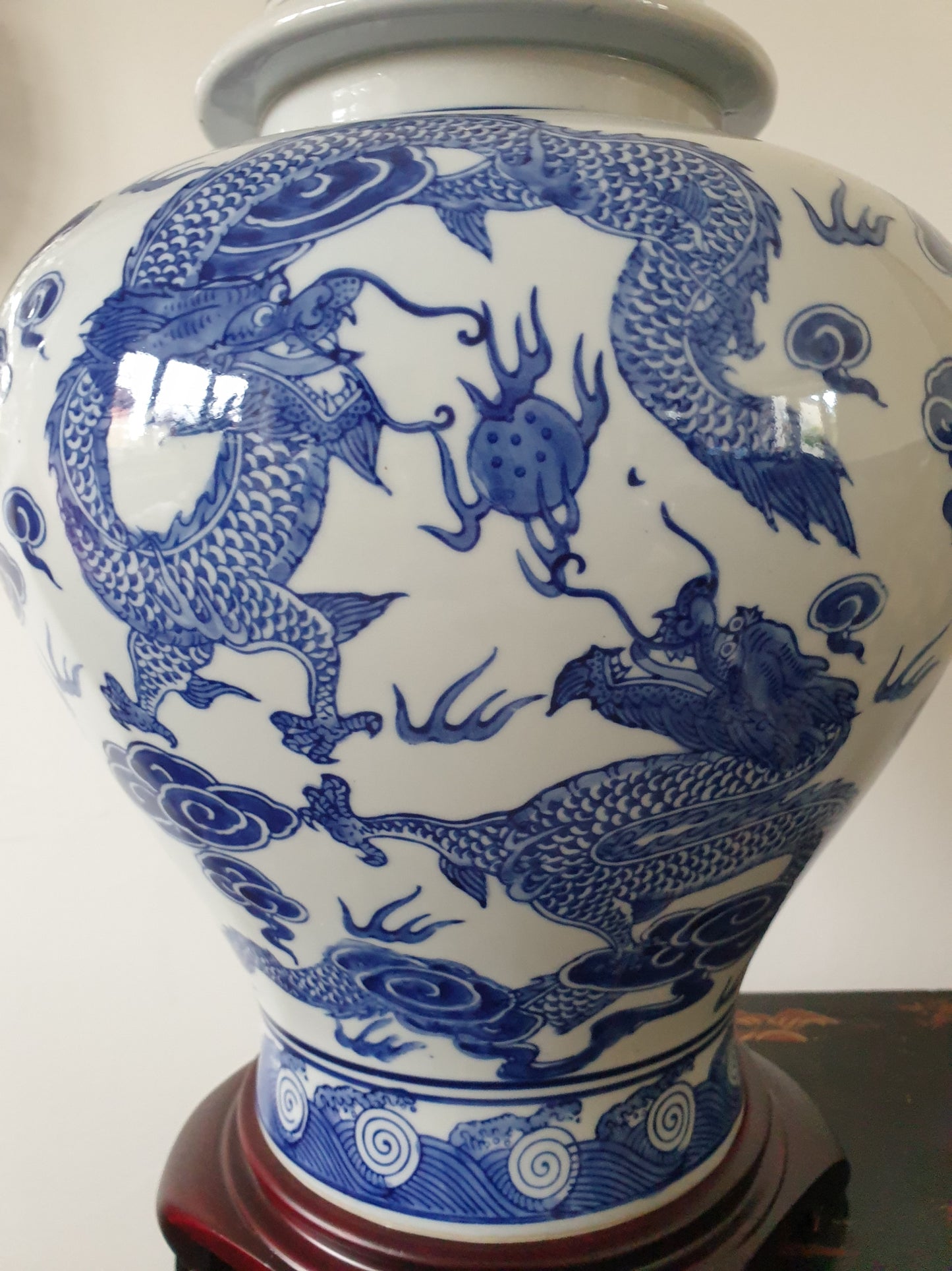 Pair of Chinese  Jar Table Lamps with Shades - Blue and White Dragons 69cm