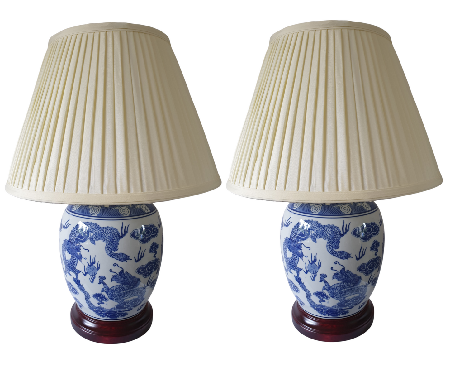 Pair of Chinese Jar Table Lamps with Shades - Blue Dragon Pattern 54cm