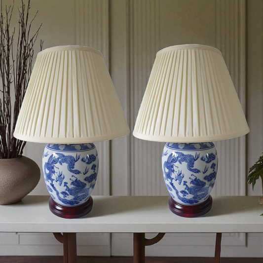 Pair of Chinese Jar Table Lamps with Shades - Blue Dragon Pattern 54cm