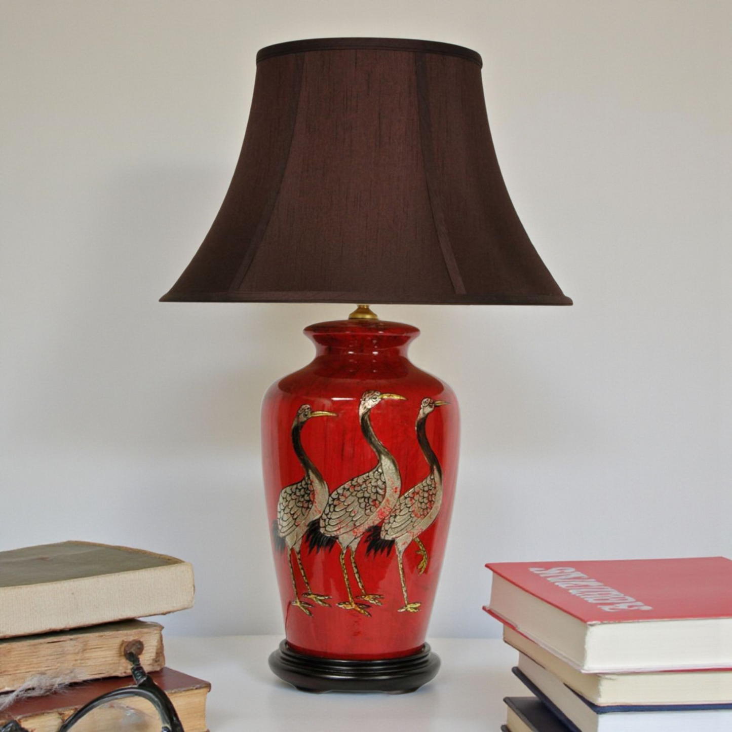 Pair of Chinese Table Lamps with Dark Shades - Red + Golden Cranes Pattern