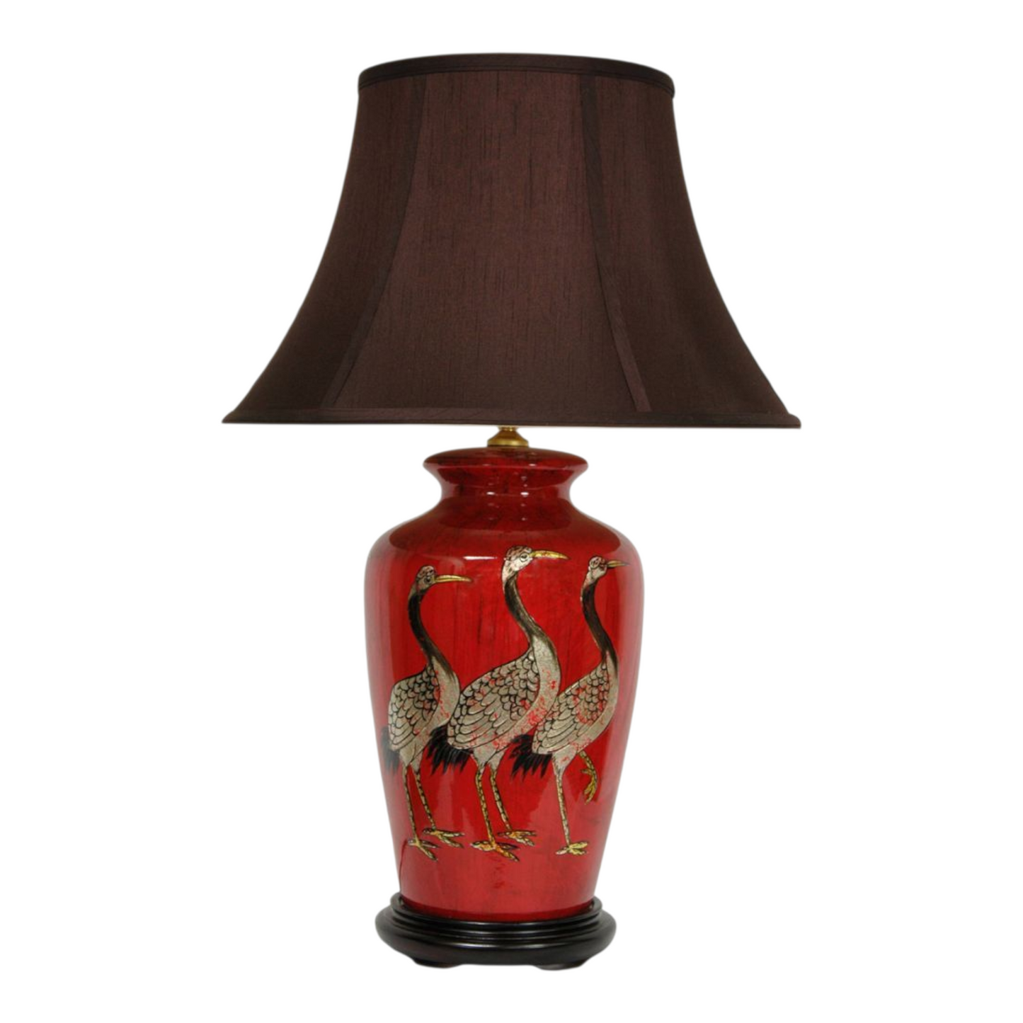 Pair of Chinese Table Lamps with Dark Shades - Red + Golden Cranes Pattern