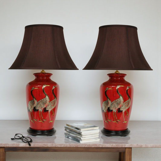 Pair of Chinese Table Lamps with Dark Shades - Red + Golden Cranes Pattern