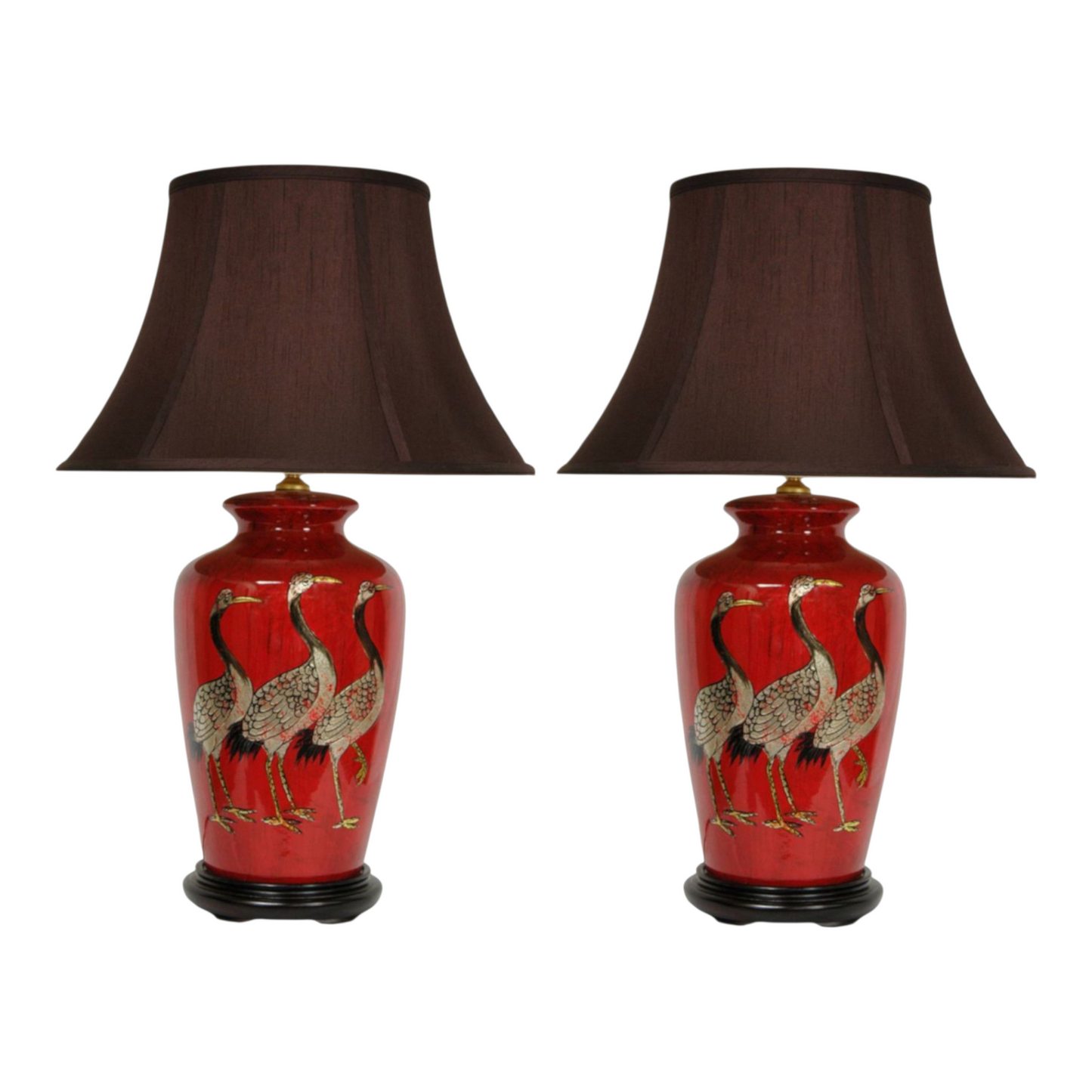 Pair of Chinese Table Lamps with Dark Shades - Red + Golden Cranes Pattern