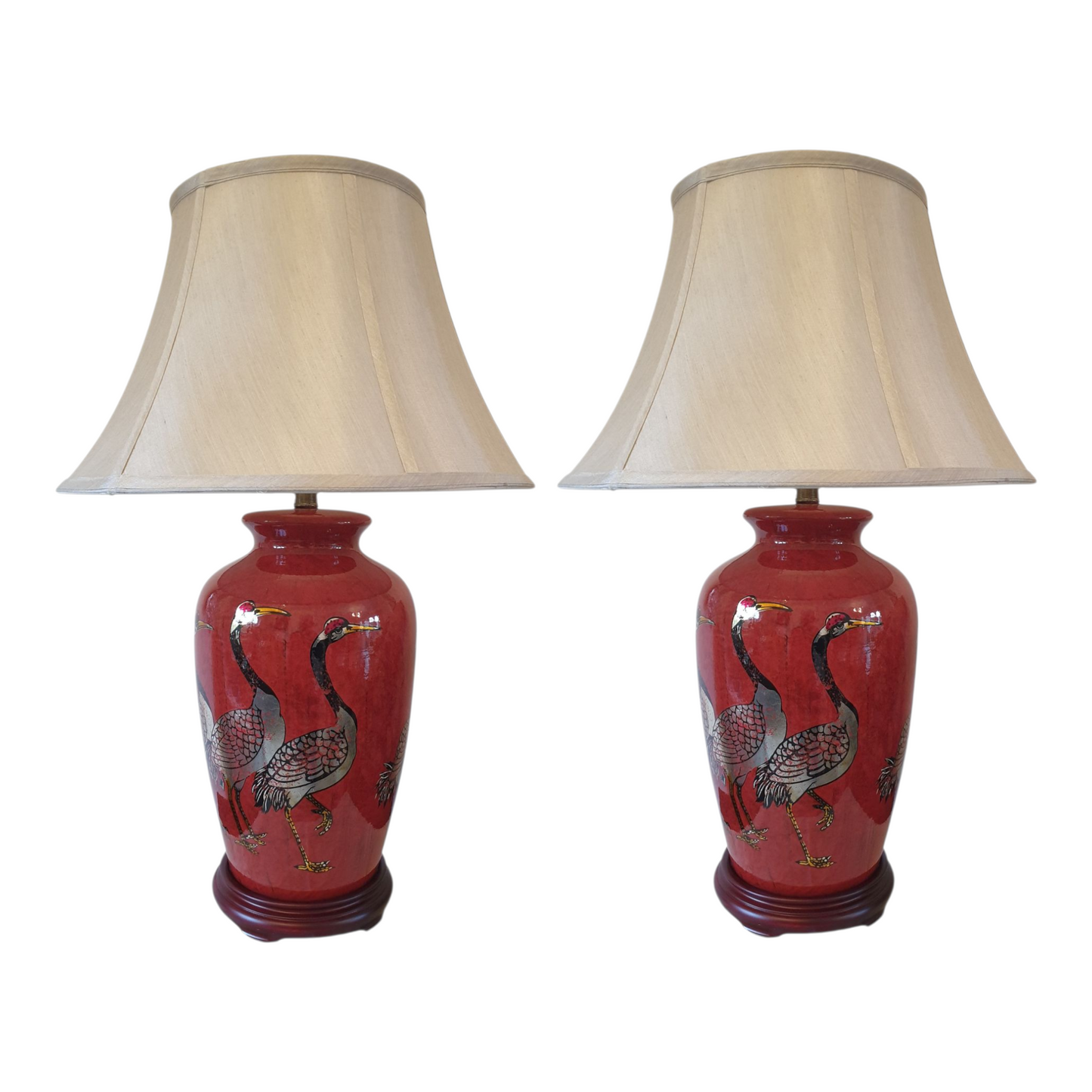 Pair of Chinese Table Lamps with Shades - Red + Golden Cranes Pattern