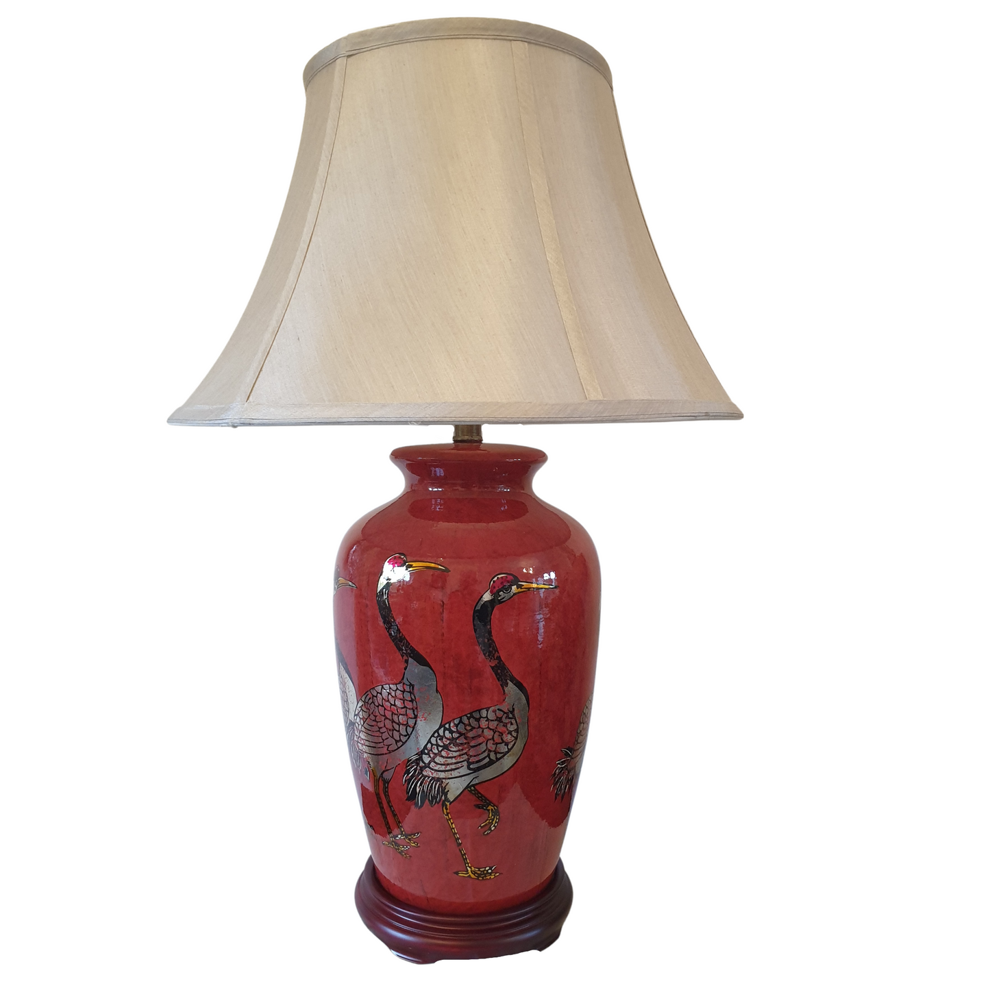 Pair of Chinese Table Lamps with Shades - Red + Golden Cranes Pattern