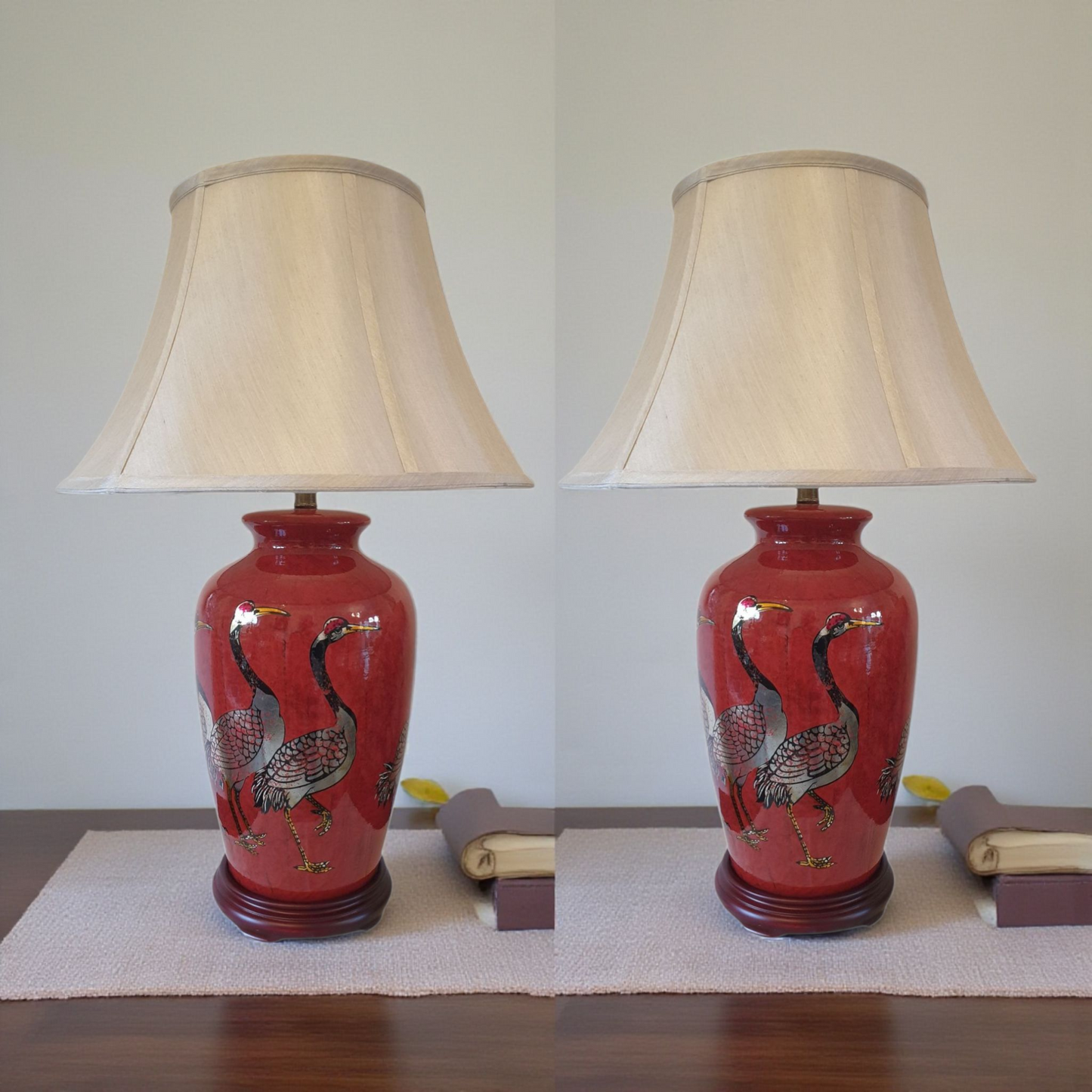 Pair of Chinese Table Lamps with Shades - Red + Golden Cranes Pattern