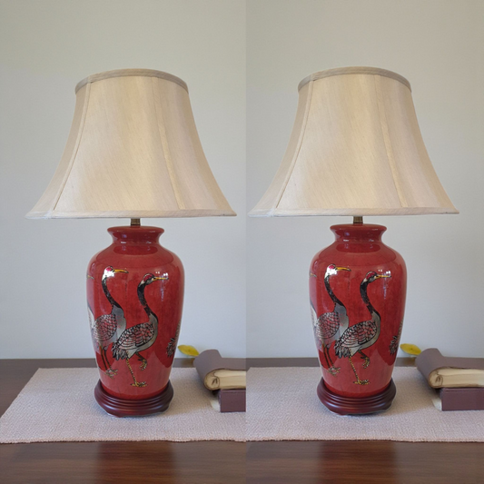 Pair of Chinese Table Lamps with Shades - Red + Golden Cranes Pattern