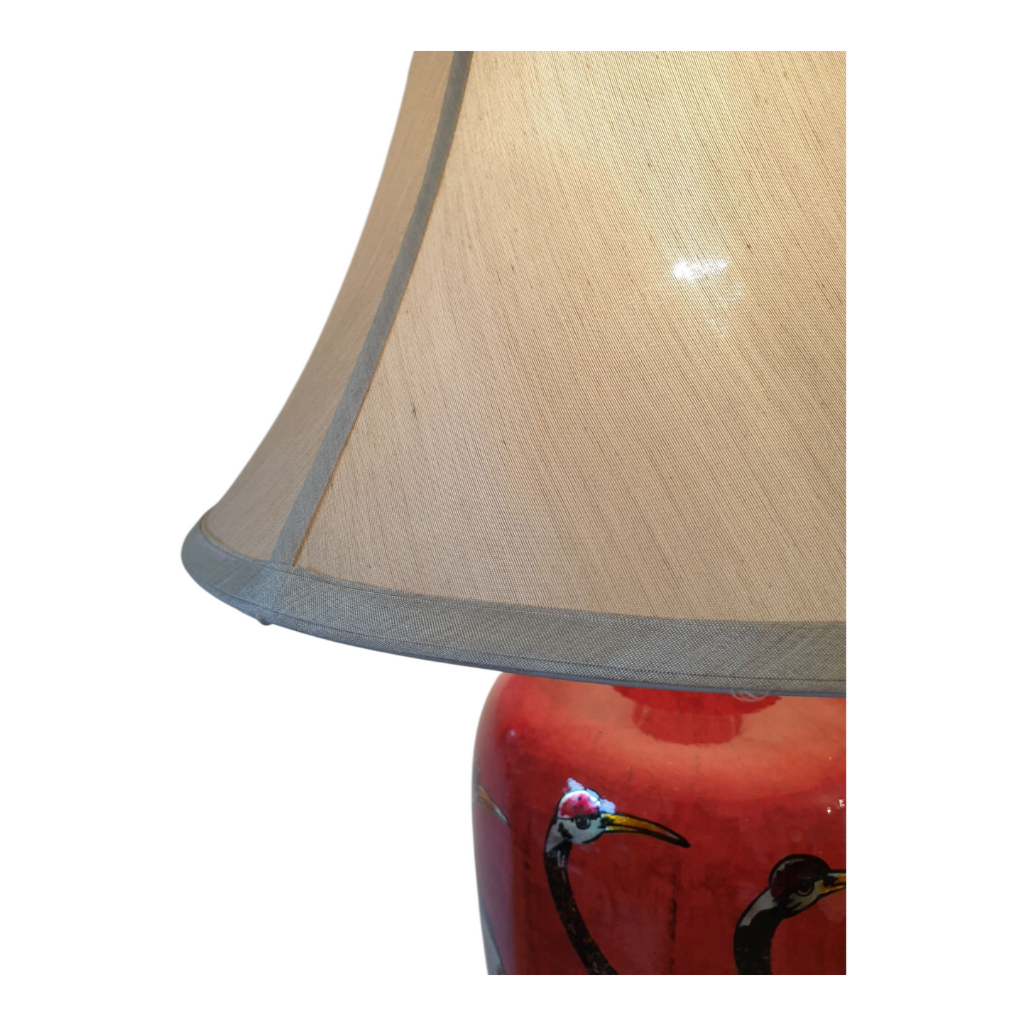Pair of Chinese Table Lamps with Shades - Red + Golden Cranes Pattern