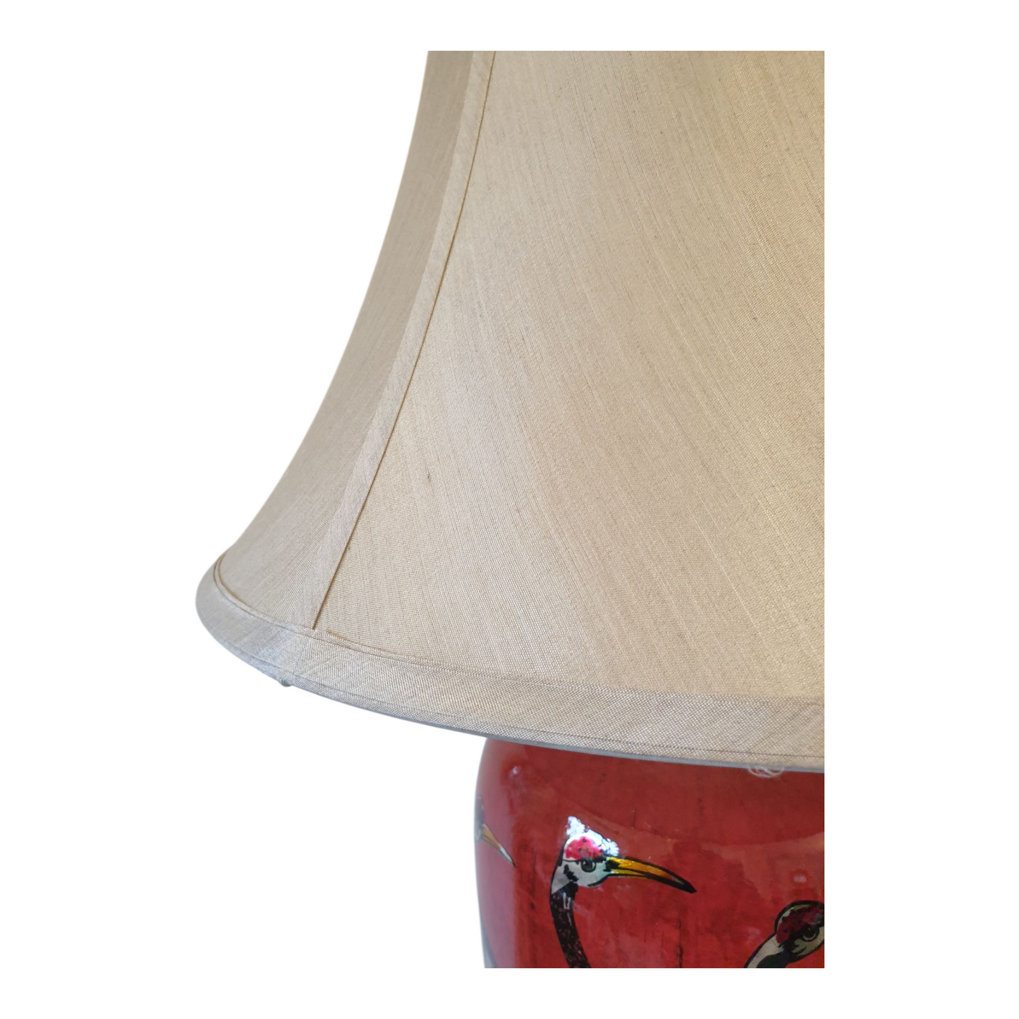 Pair of Chinese Table Lamps with Shades - Red + Golden Cranes Pattern