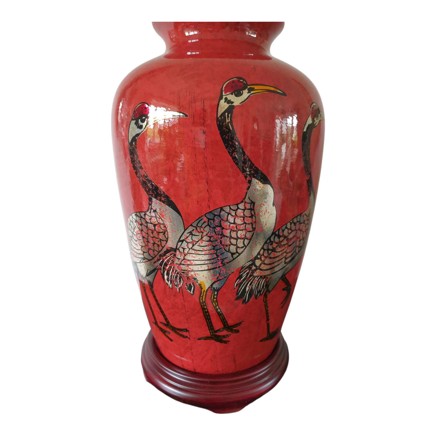Pair of Chinese Table Lamps with Shades - Red + Golden Cranes Pattern