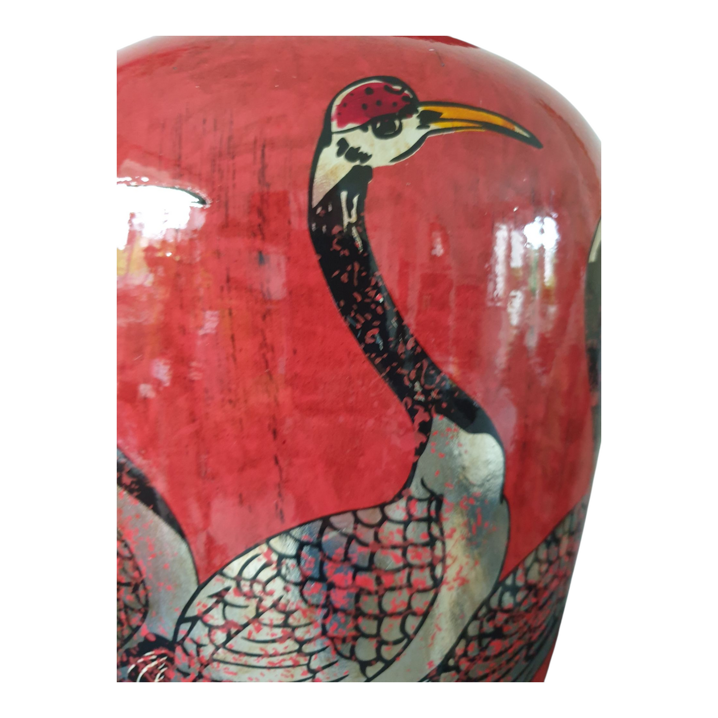 Pair of Chinese Table Lamps with Shades - Red + Golden Cranes Pattern