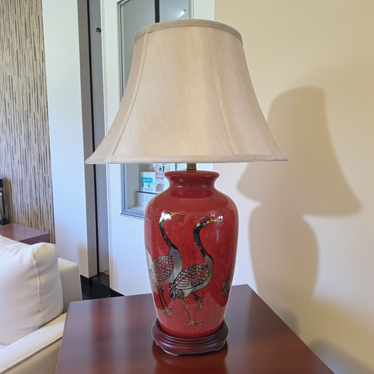 Pair of Chinese Table Lamps with Shades - Red + Golden Cranes Pattern