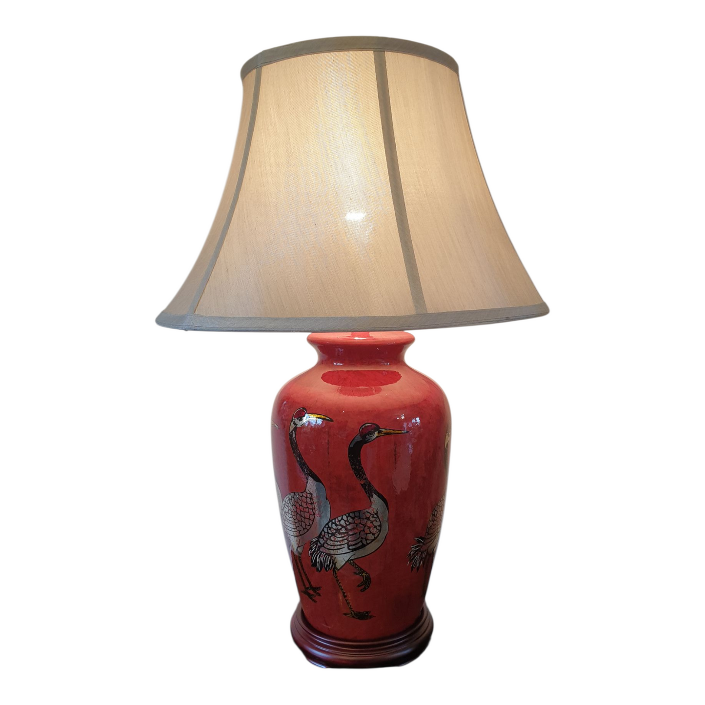 Pair of Chinese Table Lamps with Shades - Red + Golden Cranes Pattern