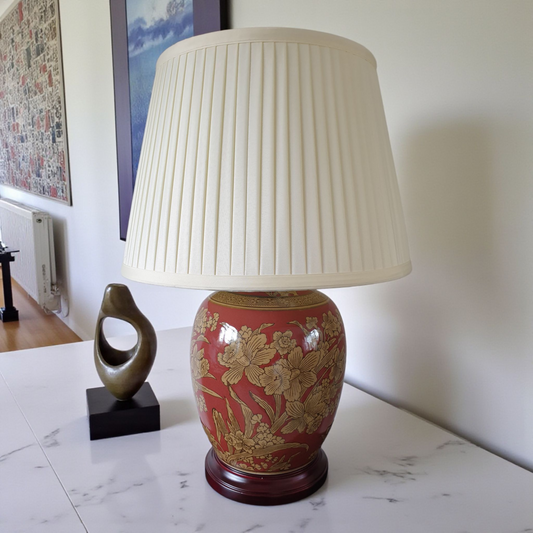 Chinese Table Lamp With Shade Red and Golden Daffodil Pattern - 52cm