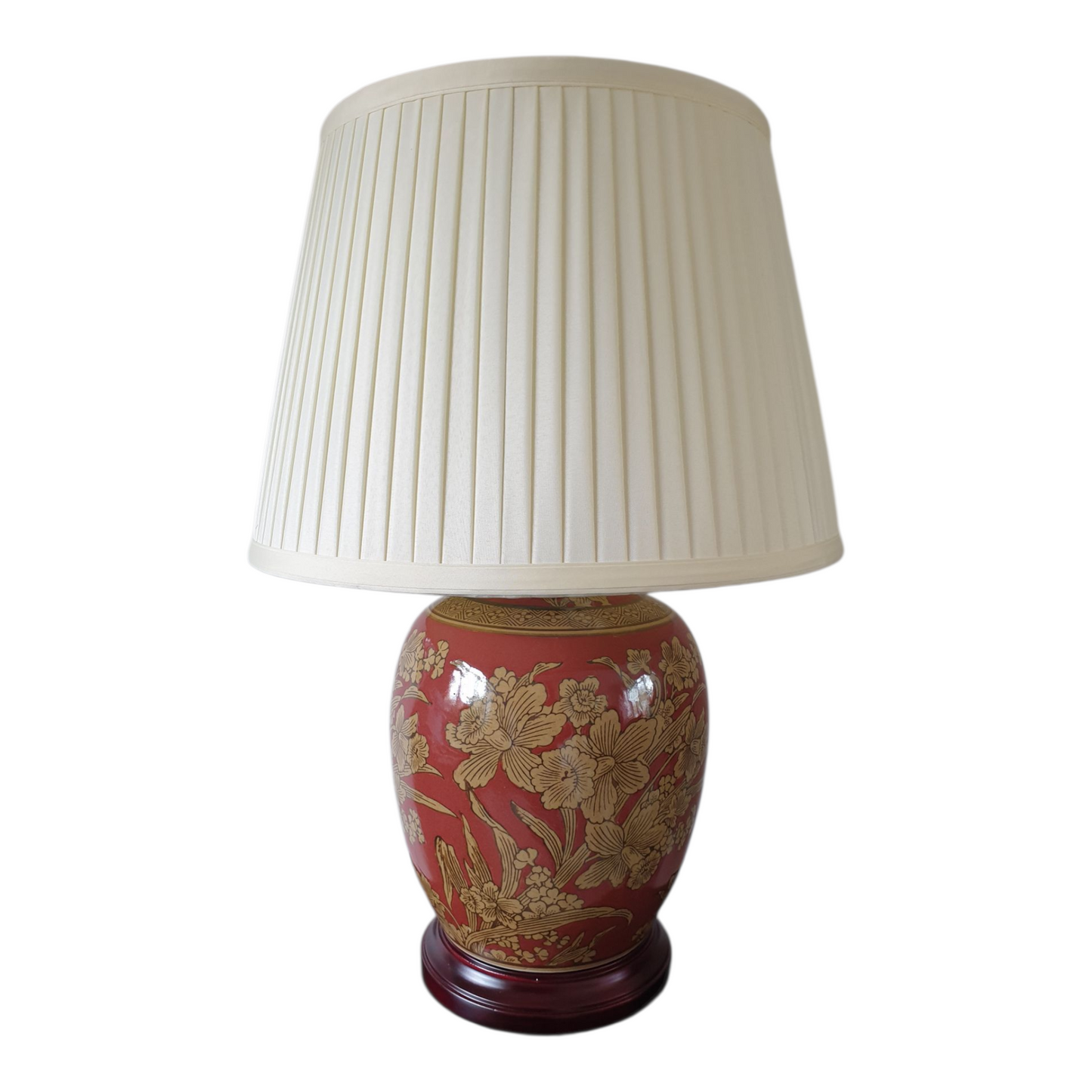 Pair of Chinese Red Golden Daffodil Lamps with Shades - 52cm