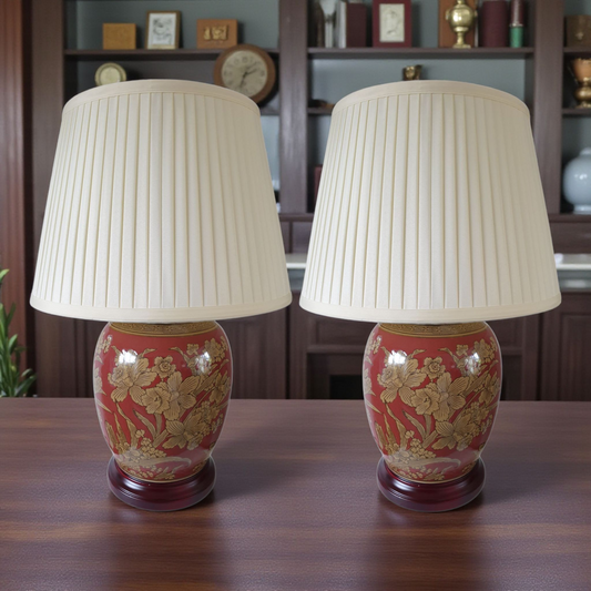 Pair of Chinese Red Golden Daffodil Lamps with Shades - 52cm
