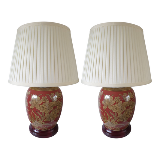 Pair of Chinese Red Golden Daffodil Lamps with Shades - 52cm