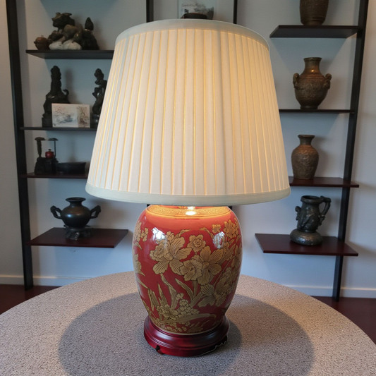 Chinese Table Lamp With Shade Red and Golden Daffodil Pattern - 52cm