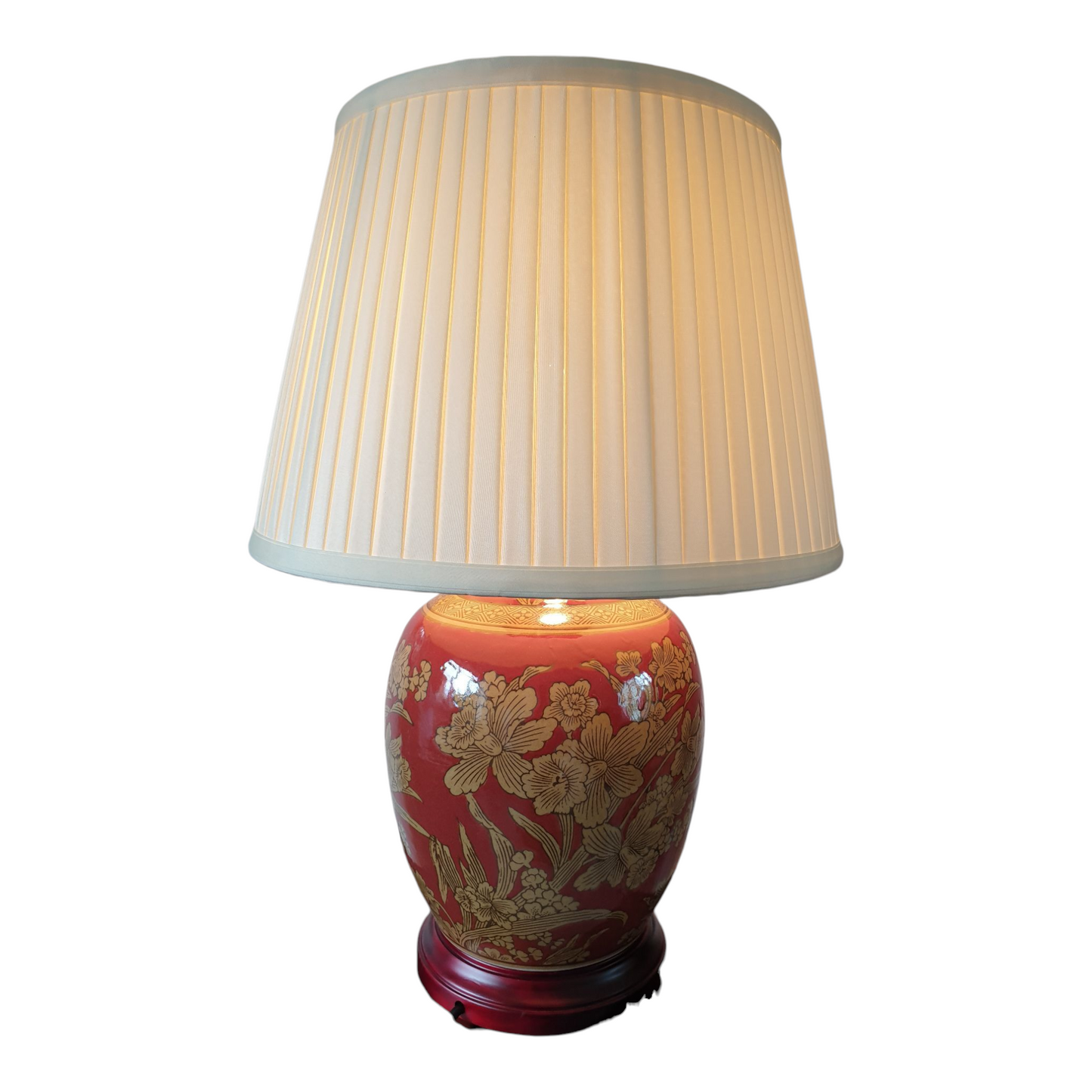 Pair of Chinese Red Golden Daffodil Lamps with Shades - 52cm