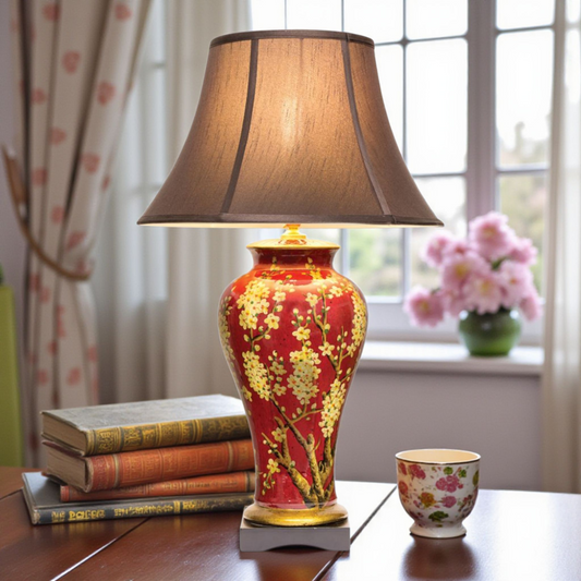 Pair of Chinese Jar Table Lamps with Dark Shades - Red Jasmine Blossom