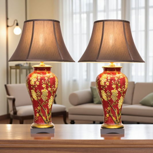 Pair of Chinese Jar Table Lamps with Dark Shades - Red Jasmine Blossom