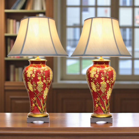 Pair of Chinese Jar Table Lamps with Pale Shades - Red Jasmine Blossom